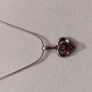 Amber Heart Pendant Necklace, 925 Sterling Silver Pendant And Snake Chain 18"